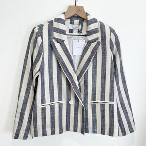 Nautical Striped Preppy Blazer Womens Small Blue White Linen Coastal Beachy NEW